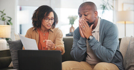 Home, documents and old couple with laptop, stress and financial planning. Apartment, man and woman...