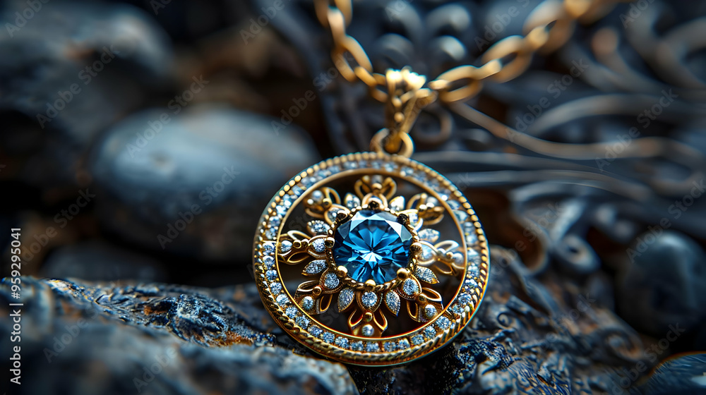 Wall mural Closeup of a Blue Gemstone Pendant on a Gold Chain, Photo