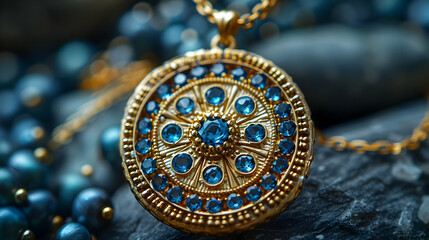 Gold Pendant with Blue Gemstones - Macro Photography