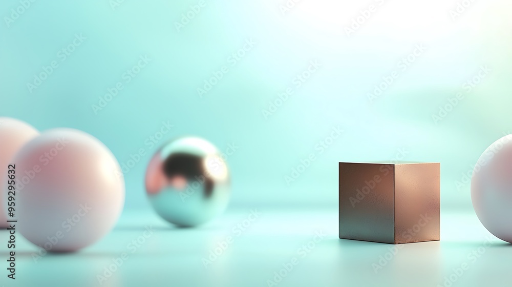 Poster 3d render of balls and box on clear backdrop
