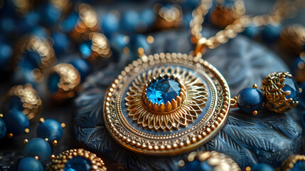 Fototapeta premium Close Up of a Gold Pendant with a Blue Gemstone