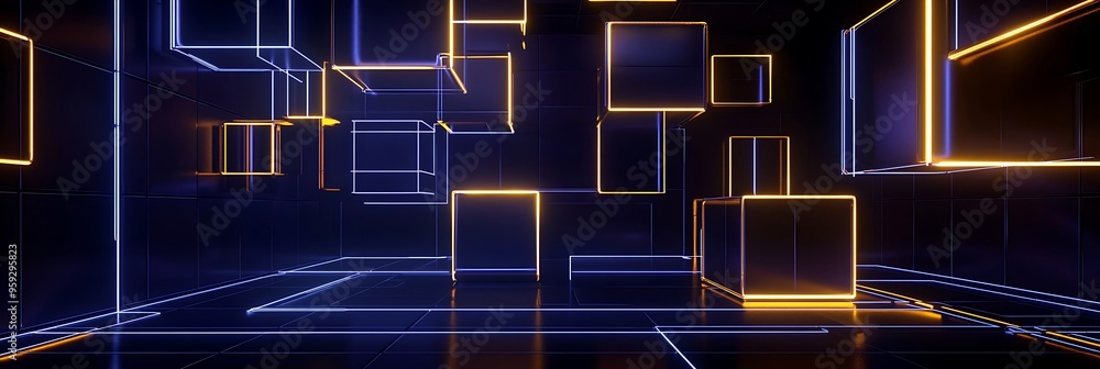 Poster abstract background with floating glowing square shapes