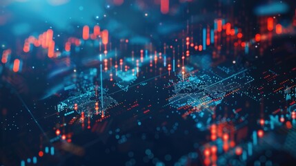 Fototapeta premium Digital stock market graph displayed on a dark blue background, representing financial analysis and business data with a modern and sleek design..