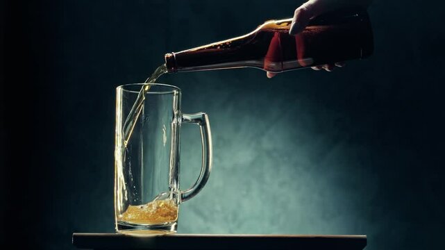 Pouring frothy beer into a glass at a bar during evening hours with dramatic lighting
