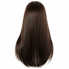 Fototapeta premium A trendy, long straight wig for women, with a center part and dark brown color, isolated on a white background