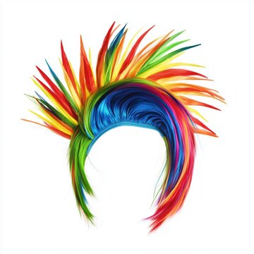 A whimsical rainbow mohawk wig for children, with vibrant colors and playful spikes, isolated on a white background