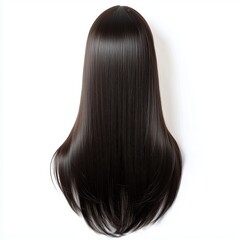 Fototapeta premium A trendy, long straight wig for women, with a center part and dark brown color, isolated on a white background