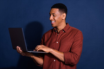 Photo of handsome guy wear casual shirt communicating instagram twitter telegram facebook isolated...