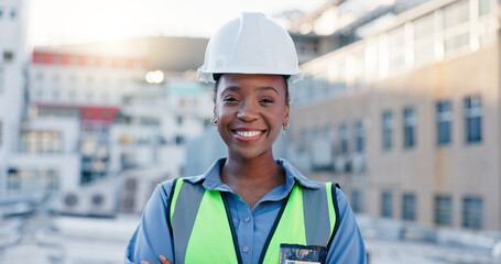 Construction worker, rooftop and black woman portrait with architecture and urban planning with success outdoor. Architect, civil engineering and smile in city with quality assurance work in Brazil