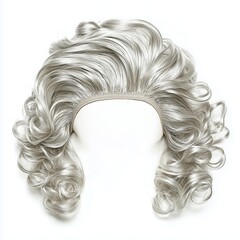 A classic perm-style wig for elderly women, with a short and curly silver finish, isolated on a white background