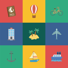 Flat hand drawn vector travel icon set.