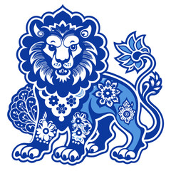 Fototapeta premium Lion, t-shirt print, blue lion, on transparent background, gentle traditional design inspired by Chinese porcelain, vector