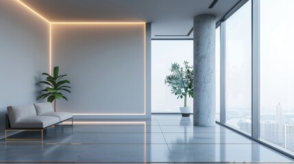 Obraz premium Contemporary interior with expansive empty walls, large windows, and an indoor plant, complemented by illuminated panels, highlighting the concept of spacious and minimalist design..