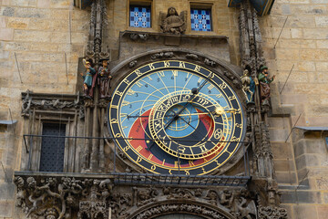 Prague, Czech Republic - August 8, 2024: Prague astronomical clock on Old Town Hall in Prague, Czech Republic. The Prague astronomical clock is a medieval astronomical clock.  