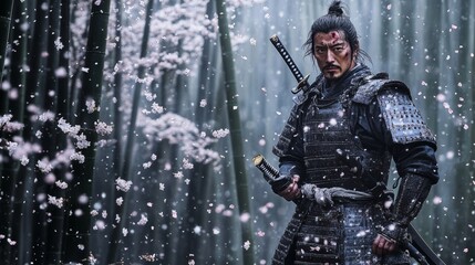 Naklejka premium Samurai Serenity: A Tranquil Moment in the Bamboo Forest with Cherry Blossoms