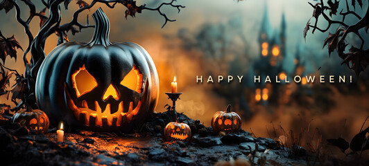 Happy Halloween card with heading, stylish background for party invitation card, poster, wallpaper, banner, backdrop. Traditional carved pumpkin heads, scary creatures, typical Halloween elements. 