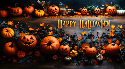 Happy Halloween card with heading, stylish background for party invitation card, poster, wallpaper, banner, backdrop. Traditional carved pumpkin heads, scary creatures, typical Halloween elements. 