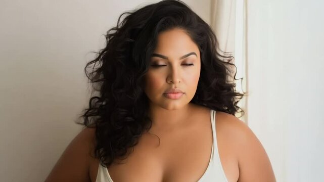 Sexy plus size woman posing at home
