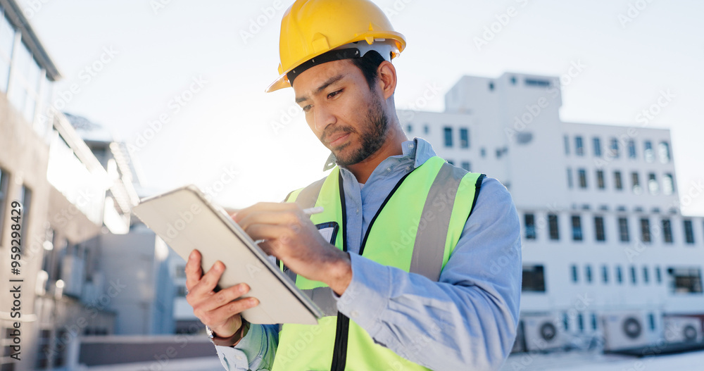 Poster Tablet, planning and construction man on site with communication for contract city thinking. Digital technology, industry and civil engineer worker with blueprint notes for renovation approval