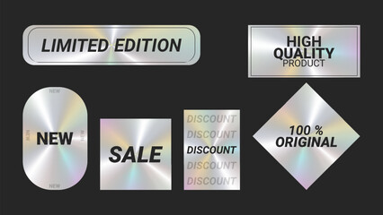 Holographic stickers logos emblem labels color set. Diamond square oval. For packaging product of promotional material. Sticker for clothes or accessories. Vector illustration.