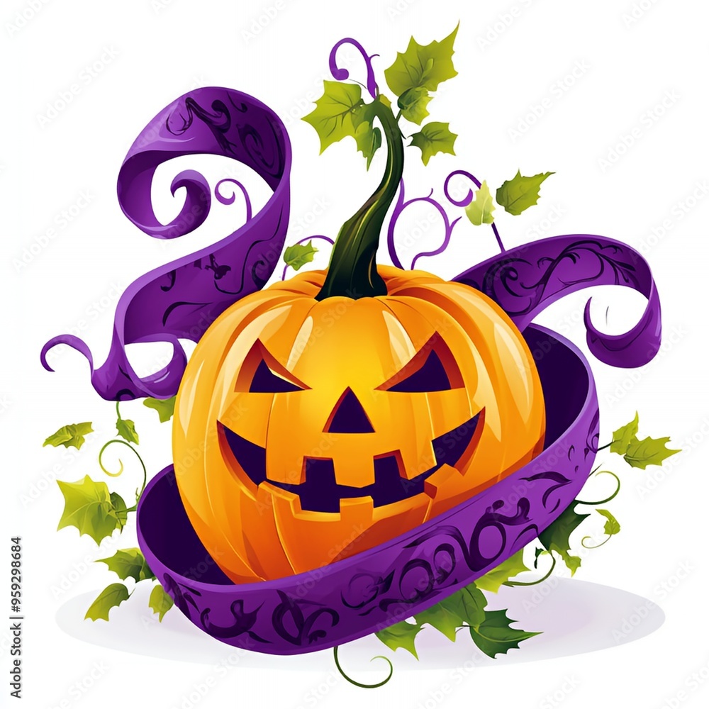 Wall mural halloween jack-o'-lantern with purple ribbon and vines