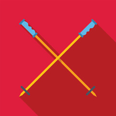 Two yellow trekking poles with blue handles crossing each other, forming an x shape on a red background