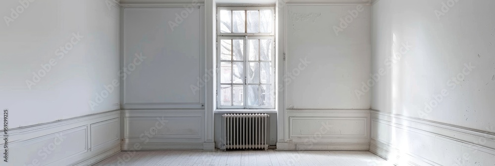Aufkleber a captivating image of an empty room featuring a window and radiator in a clean white interior setti