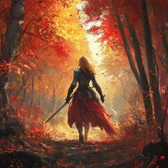 Naklejka premium A lone female knight walks through a forest path with red leaves, her sword drawn.