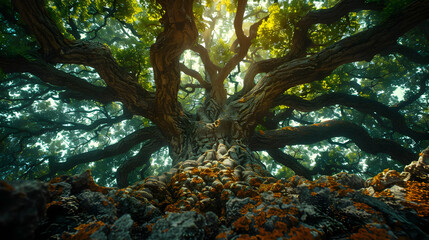 Ancient Tree Illustration - Majestic Branches Reaching for the Sun