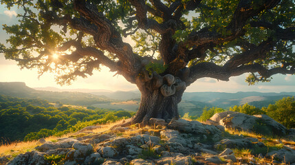 Fototapeta premium Majestic Oak Tree on Rocky Hilltop at Sunset - Realistic Nature Image