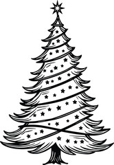 Christmas Tree Doodle Hand Drawn Vector Illustration Black and White silhouette with stars