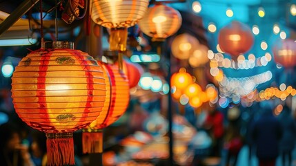 Vibrant street food stall illuminated by colorful lanterns, with a warm glow and a backdrop of soft, dreamy bokeh light. The stall showcases an array of appetizing dishes