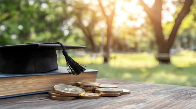 Educational investment: Cost of higher education depicted with graduation cap, books stack of coins, financial commitment of tuition fees, potential for future earnings through academic achievement
