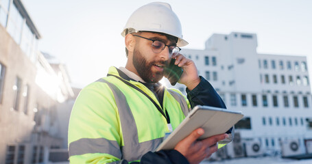 Businessman, architect and tablet with phone call in city construction or building maintenance....