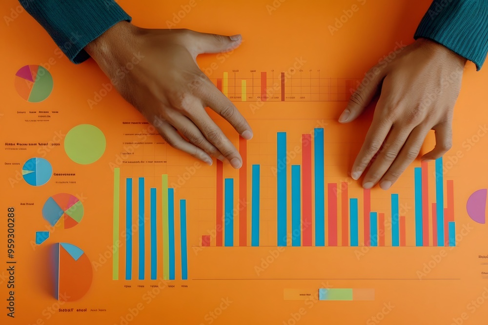 Poster hands analyzing colorful paper bar charts and pie charts on an orange background