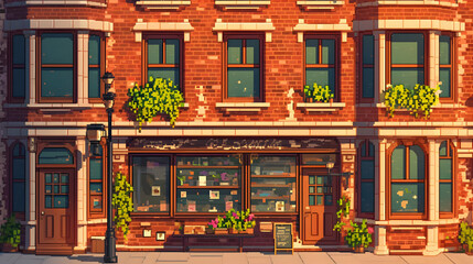 A classic brick building in pixel art style, with detailed windows and a few plants growing in the cracks of the walls