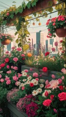 Obraz premium A Colorful Urban Garden Bursting With May Flowers Amidst a Bustling City Skyline at Sunset. Generative AI