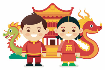Chinese boy and girl with dragon design China culture asia and asia theme Vector illustration.eps