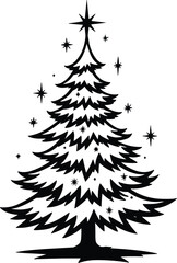 Obraz premium Christmas Tree Doodle Hand Drawn Vector Illustration Black and White silhouette with stars
