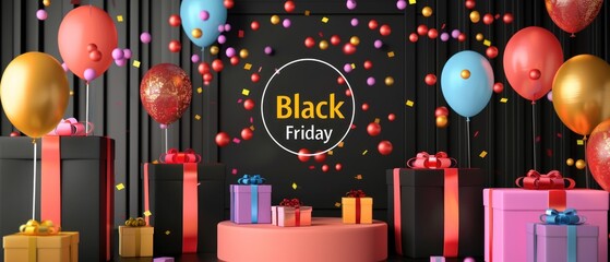Black Friday Celebration with Gift Boxes and Balloons