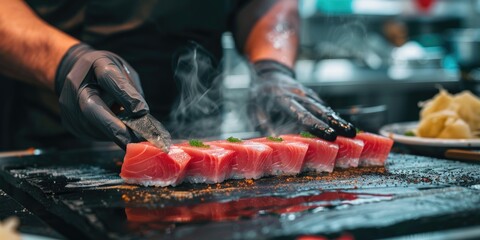 Expert sushi chef employs Binchotan charcoal for precisely searing otoro tuna belly sushi.