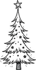 Obraz premium Christmas Tree Doodle Hand Drawn Vector Illustration Black and White silhouette with stars