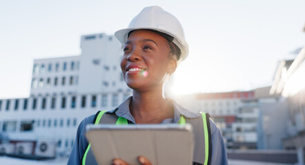 Engineer, thinking or tablet on rooftop for construction planning, building maintenance or vision....