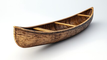 A wooden canoe set against a white background, evoking a sense of timeless adventure.