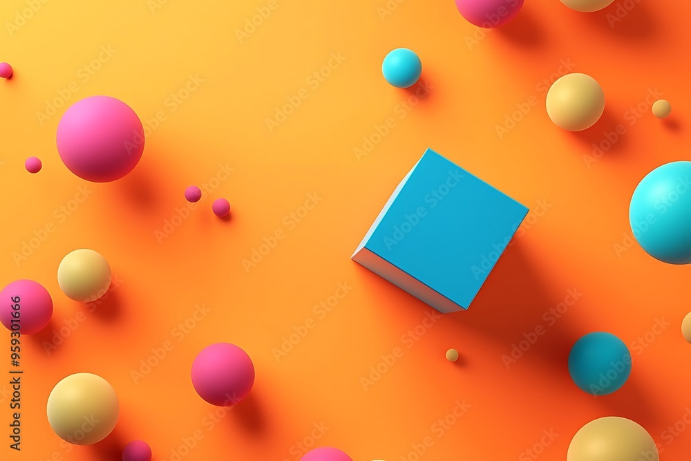 Poster background with balls and a square