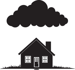 Silhouette of clouds bucketing down on house icon, house with clouds