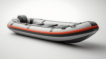 An inflatable boat with a motor, displayed against a stark white background, ready for water adventures.