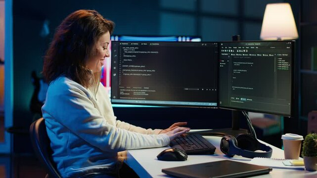 Happy admin in home office satisfied after futureproofing company network from downtimes and unexpected system failures. Smiling IT expert pleased after managing to increase data security, camera A