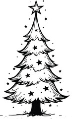 Christmas Tree Doodle Hand Drawn Vector Illustration Black and White silhouette with stars