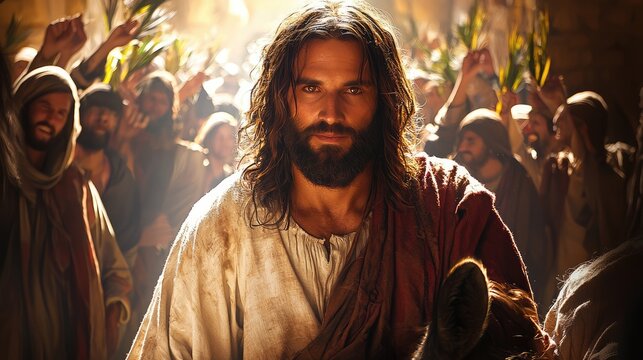 Palm Sunday procession: Jesus Christ enters Jerusalem on donkey, greeted by joyous crowds waving palm branches, marking moment of celebration, prophecy fulfillment, reverence in His holy journey.